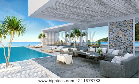 A Modern Beach House,  private swimming pool ,panoramic sky and sea view , 3d rendering