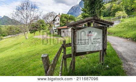 Maienfeld Switzerland - May 2017: Sign of Heididorf the village of Heidi in Switzerland