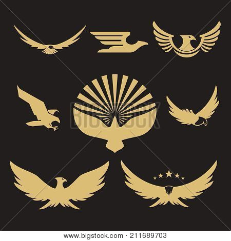 Set of gold heraldic eagle logo design for business company. Vector illustration