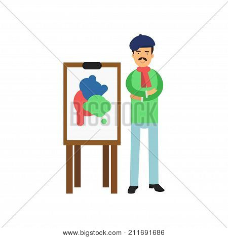 Flat bohemian artist in beret standing near easel with painting. Talented painter colorful character. Artistic element for card or banner design. Creative person. Vector illustration isolated on white