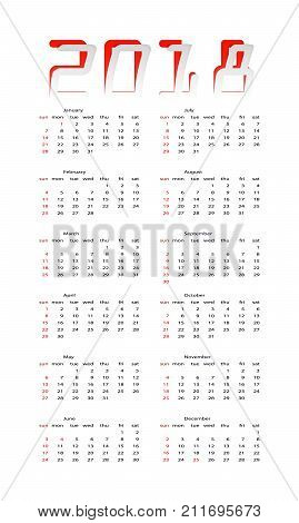 Calendar 2018 is a simple style. 2018 - cut out digits from paper. The week starts on Sunday