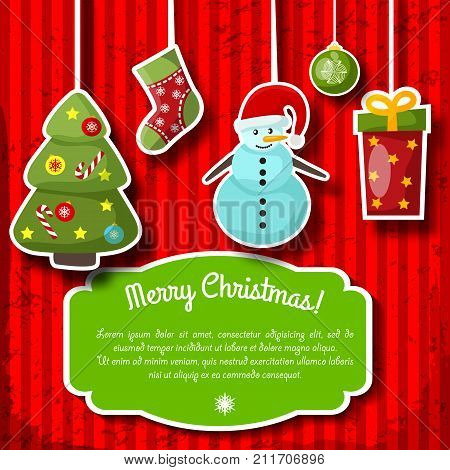 Bright colorful merry christmas flat postcard with new year symbols and text field vector illustration