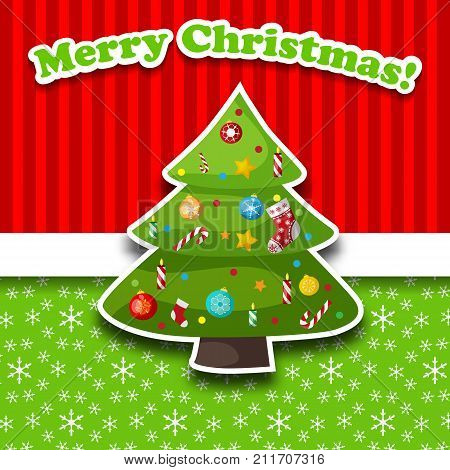 Colorful flat postcard with decorated christmas tree in middle vector illustration