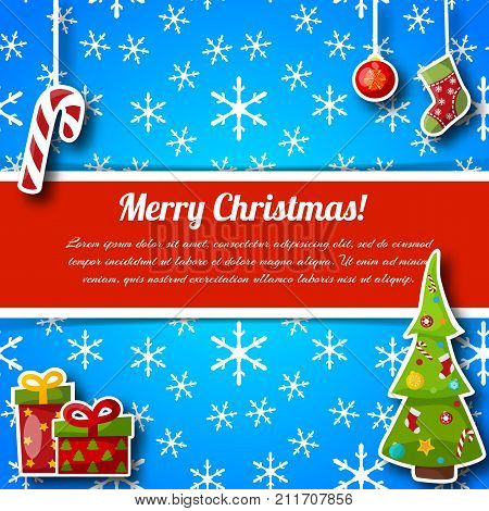 Blue and red color merry christmas holiday postcard with text field snowflakes and colorful new year symbols flat vector illustration