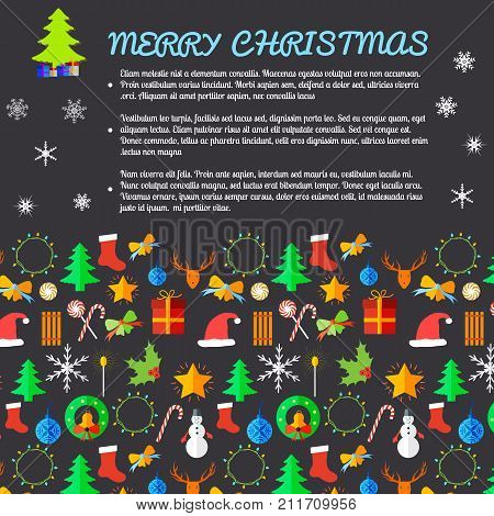 Merry christmas card with numerous colorful winter holiday symbols and text fields flat vector illustration