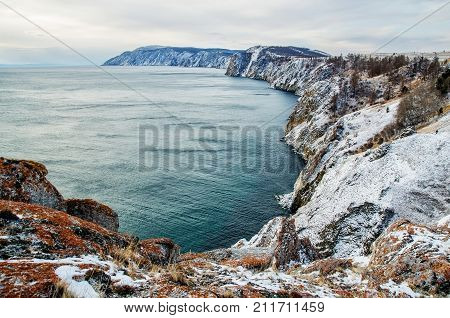 View above big beautiful lake in winter, Baikal lake, Russia, Siberia