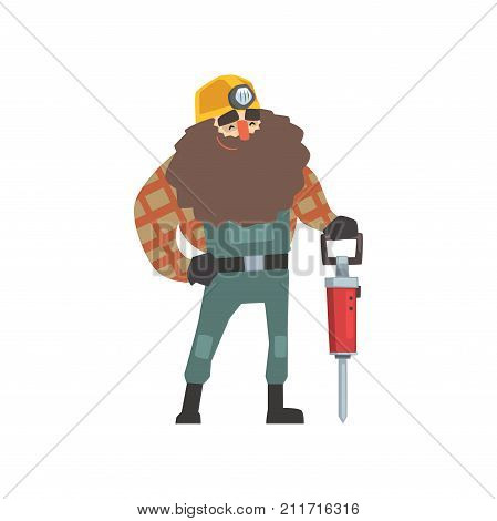 Smiling bearded miner in hard hat standing with jackhammer isolated on white background. Dressed in working overall and hipster plaid shirt. Cartoon male worker character. Flat vector illustration.