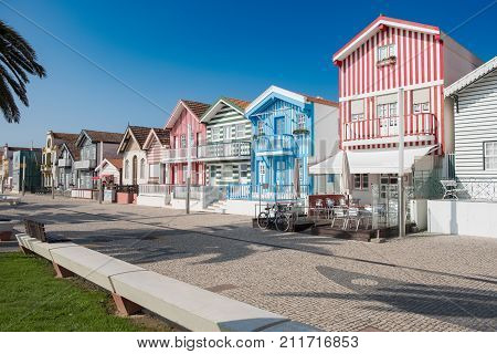 View of Typical houses of Aveiro, Aveiro district, Ilhavo, Portugal