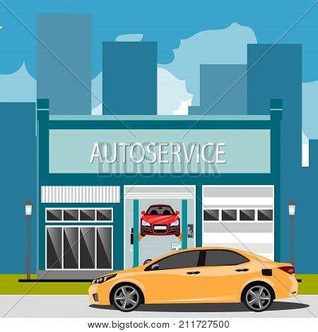 Car repair maintenance auto service station with auto. Vector illustration