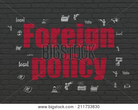 Political concept: Painted red text Foreign Policy on Black Brick wall background with  Hand Drawn Politics Icons