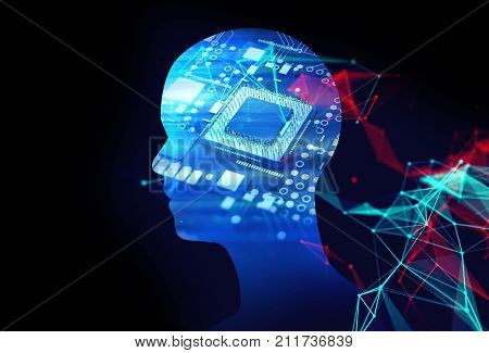 Double Exposure Image Of Low Polygon Human Head 3D Illustration