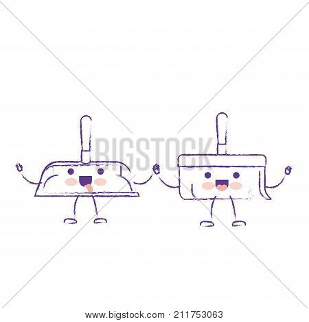 kawaii cartoon hand broom and hand dustpan holding hands in purple blurred silhouette vector illustration