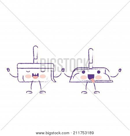 kawaii cartoon hand dustpan and hand broom holding hands in purple blurred silhouette vector illustration