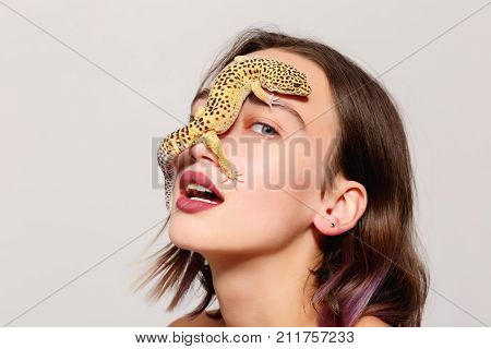 A girl is holding a lizard on her face on a gray background close-up