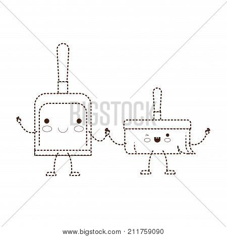 kawaii cartoon hand dustpan top view and hand broom holding hands in brown dotted silhouette vector illustration