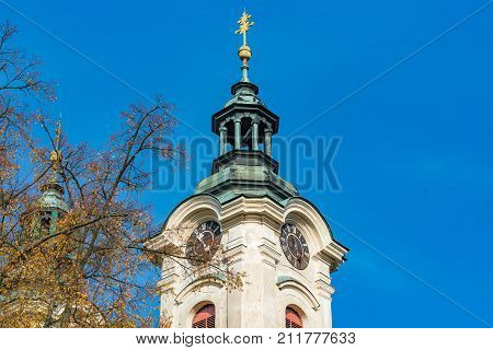 Tower of the Church of the Holy Cross in Liberec. Kostel svateho Krize Liberec