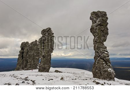 Manpupuner rock formations. Giant rocks at the Manpupuner Plateau, Northern Ural. One of the seven wonders of Russia