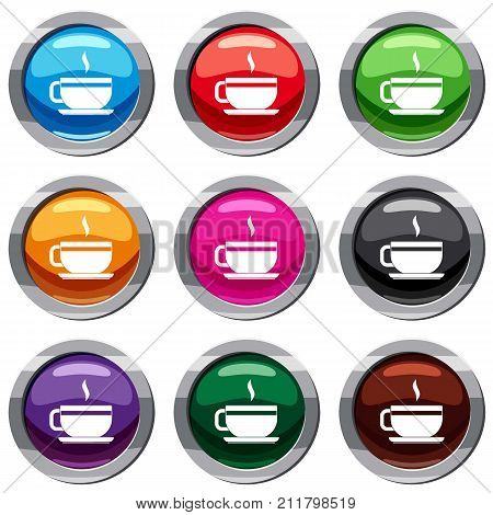 Tea cup and saucer set icon isolated on white. 9 icon collection vector illustration
