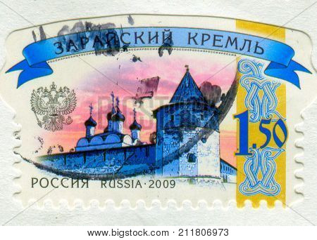 GOMEL, BELARUS, 13 OCTOBER 2017, Stamp printed in Russia shows image of the Zaraisk kremlin, circa 2009. 