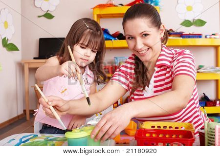 Pikkutyttö maalaus äiti esikoululainen.