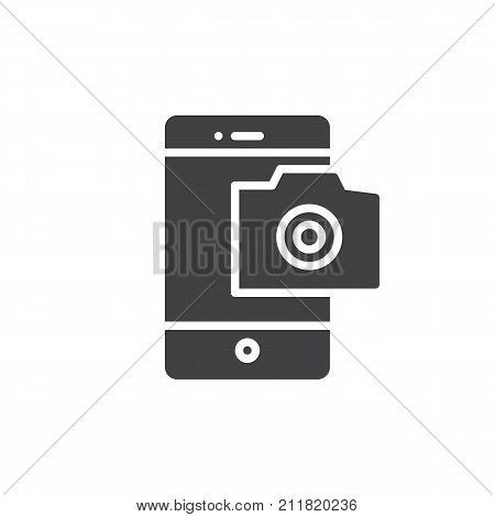 Mobile phone photography camera icon vector, filled flat sign, solid pictogram isolated on white. Smarthone camera symbol, logo illustration.