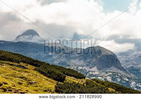 Scenic view of alps mountains a sunny day. Hoher Dachstein mountains.