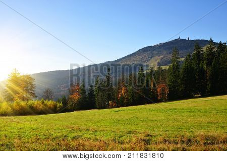 Autumn landscape in Bavarian Forest National Park. View of the mountain peak Grosser Arber, Germany, Europe.
