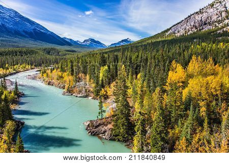 Abraham Lake is the beautiful lake in the Rockies. Dense forests cover the lake shores. Warm sunny day in autumn. The concept of ecological and active tourism