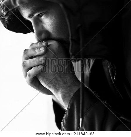 Thoughtful Homeless People Feeling Cold in Winter