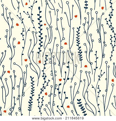 Abstract flowery seamless pattern with repeating plants in monochrome minimalistic natural floral style vector illustration