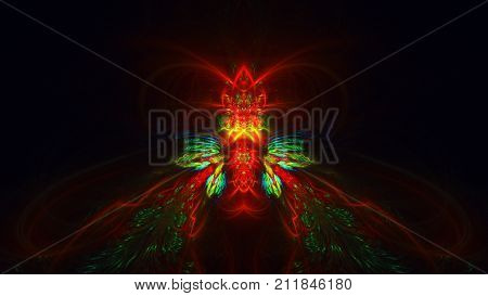 Abstract geometric fractal seamless background. Pattern of red and green rays of light on a dark background.