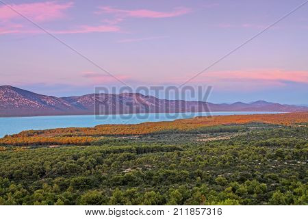 Lake Vrana in Northen Dalmatia, Croatia. 
Landscape with lake in the evening.