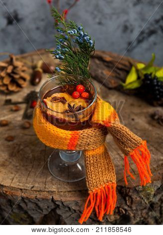 Hot Drink With Honey And Spices On Wooden Background Concept Of Seasonal Postcard