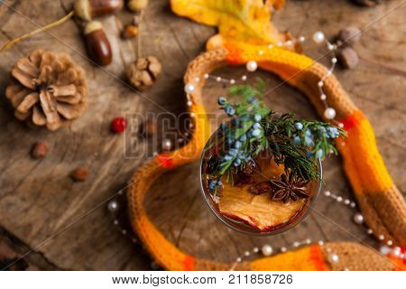 Christmas Hot Mulled Wine With Cinnamon Cardamom And Anise On Wooden Background