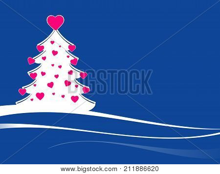 modern xmas tree with pink hearts. xmas tree against a blue background and white ribbons