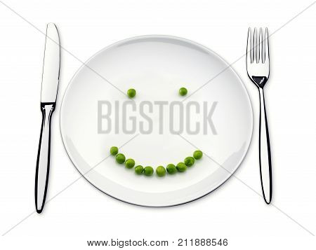 Dinner Plate With Pea In The Shape Of A Smile.