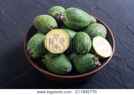 Tropical fruit feijoa . Healthy vegetarian food
