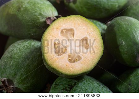 Tropical fruit feijoa . Healthy vegetarian food