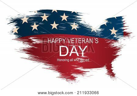 Creative vector illustration poster or banner of happy veteran's day with USA map as flag background.