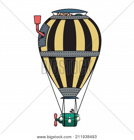 Steampunk colorful hot air balloon isolated on white background. Air balloon with gears and chimney in steampunk style. Striped Balloon with iron rings and a basket with a propeller