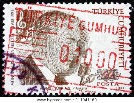 TURKEY - CIRCA 1993: a stamp printed in Turkey shows Munir Nurettin Selcuk