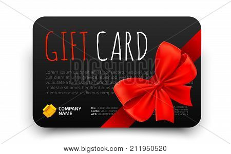 Black Gift card template with realistic red bow. Certificate coupon flyer design. Discount card for shop or boutique. Vector illustration