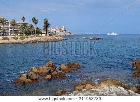 Panorama of Antibes Old Town Museum and Mediterranean with Nice in The background Provence France.