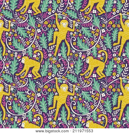 Set of funny monkeys in different poses in the jungle. Vector hand drawn tropical illustration. Seamless pattern for your animal fabric design.