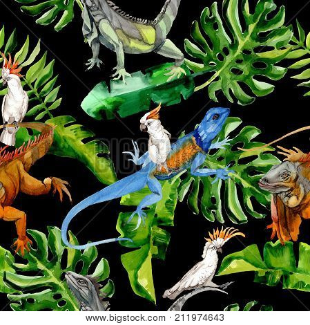 Exotic iguana pattern in a watercolor style. Full name of the reptilian: iguana. Aquarelle exotic reptilian for background, texture, wrapper pattern or tattoo.