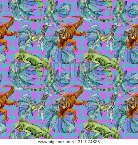 Exotic iguana pattern in a watercolor style. Full name of the reptilian: iguana. Aquarelle exotic reptilian for background, texture, wrapper pattern or tattoo.