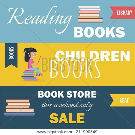 Library with reading children, books and bookstore, this weekend only sale vector illustration set of three horizontal banners.