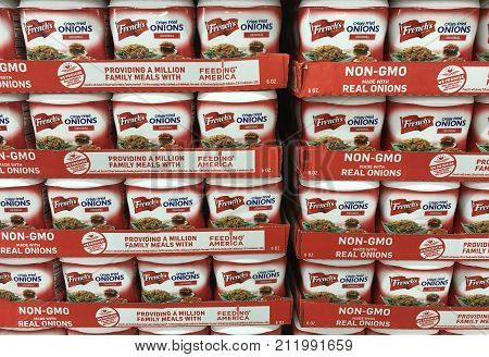 Altoona Wisconsin November 3 2017 Several packages of French's Crispy Fried Onions on a grocery store shelf