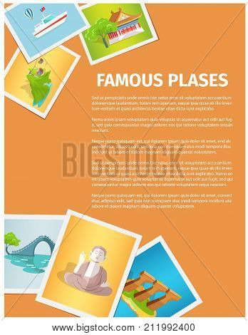 Famous places in Taiwan on photographs, vector illustration. Lunar bridge, statue of Buddha, Confucius temple, Maokong cableway, white boat with flag.