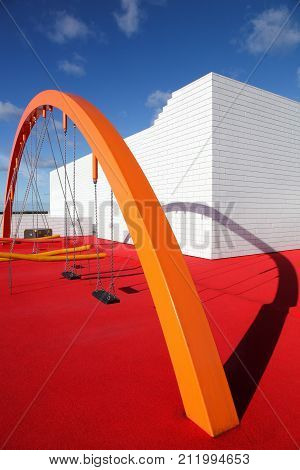Billund, Denmark - October 30, 2017: The Lego House rooftop with a play area. The lego house is a building in Billund, Denmark, the city of the brand of Lego and It was inaugurated in september 2017